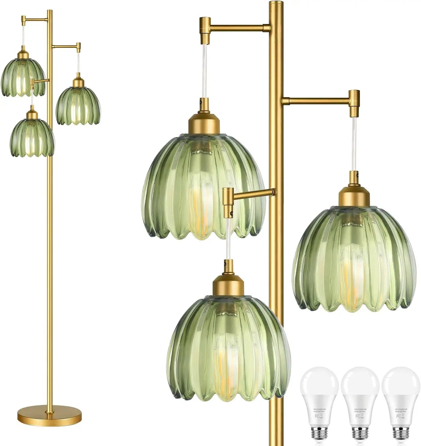 Mid Century Modern Gold Floor Lamp, 3-Light Brass Tree Tall Lamp with Green Glass Shades for Living Room, Bedroom, Farmhouse Boho Decor