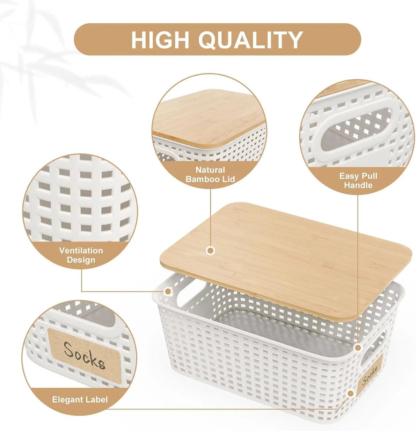 6Pcs Storage Bins with Lids, Stackable Plastic Basket with Bamboo Lid, Pantry Organizer for Shelves Drawer Desktop Closet