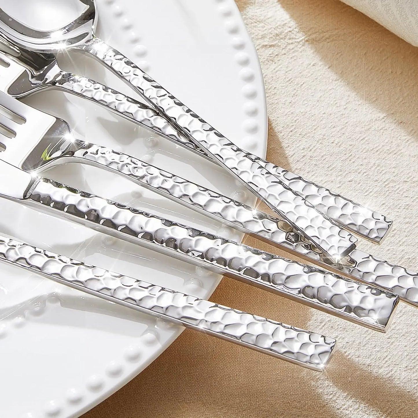 KINGSTONE 40 Piece Hammered Silverware Set, 18/10 Stainless Steel Flatware Set for 8, Cutlery Set for Home, Party,