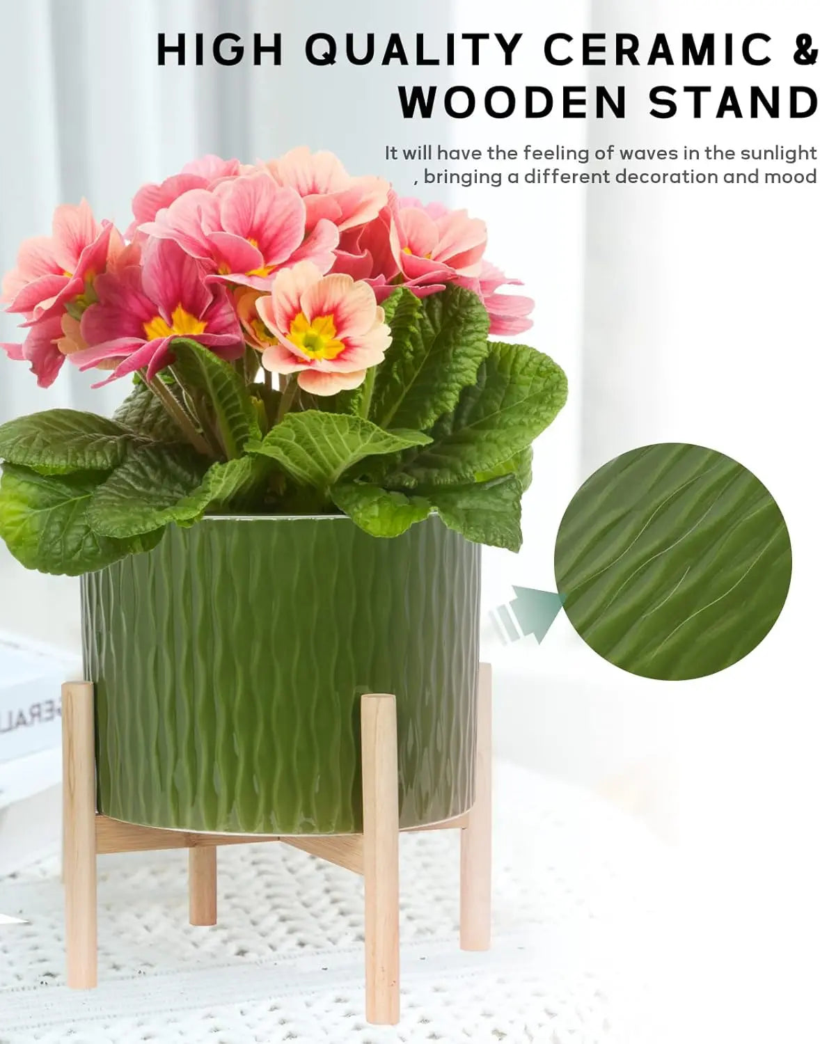 10 Inch Ceramic Plant Pot with Wood Stand, Modern Round Flower Planter Indoor Outdoor, Dark Green Water Ripple Pattern