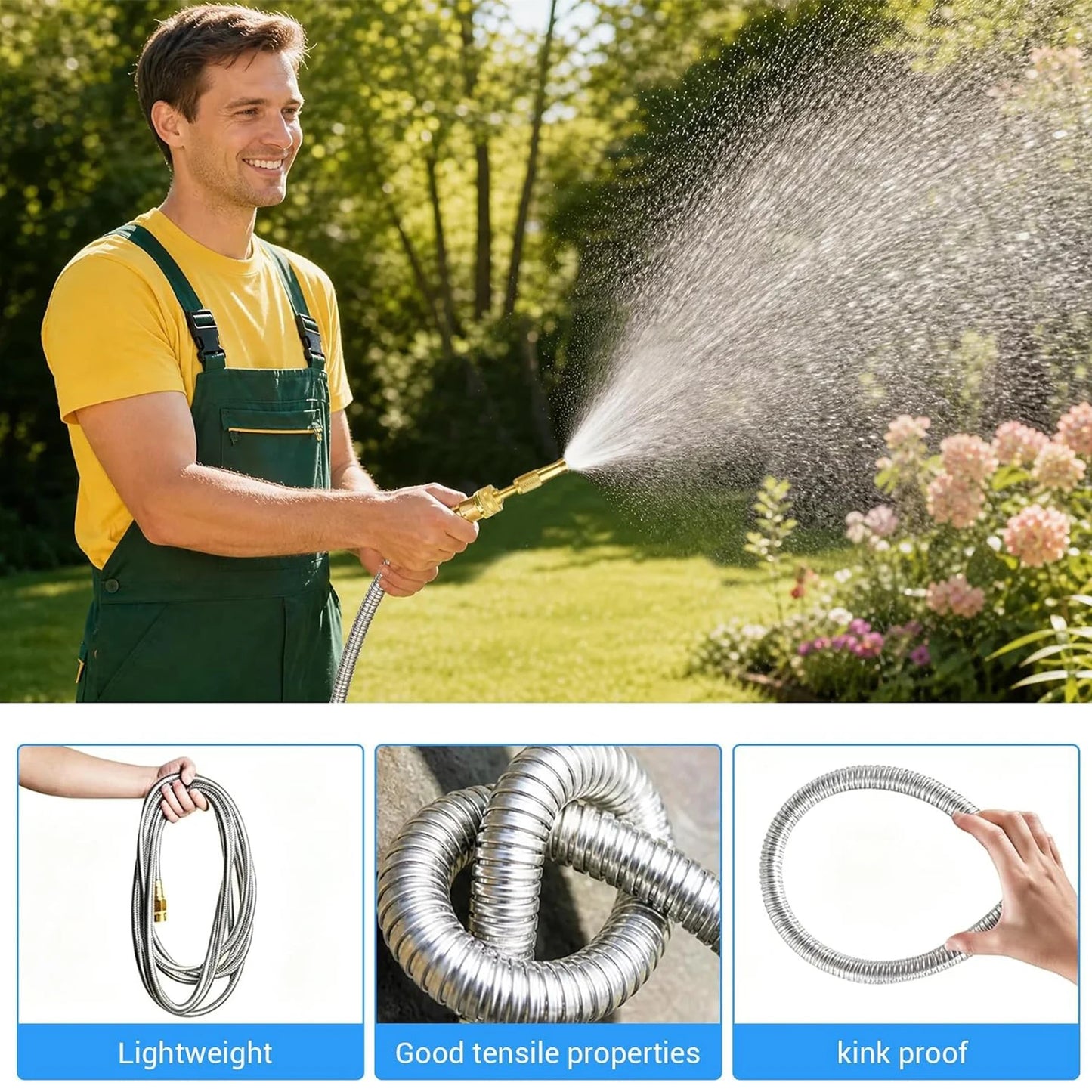 Heavy Duty Stainless Steel Garden Hose With Brass Nozzle, Kink Proof Flexible Metal Water Hose, 25/50/75/100FT
