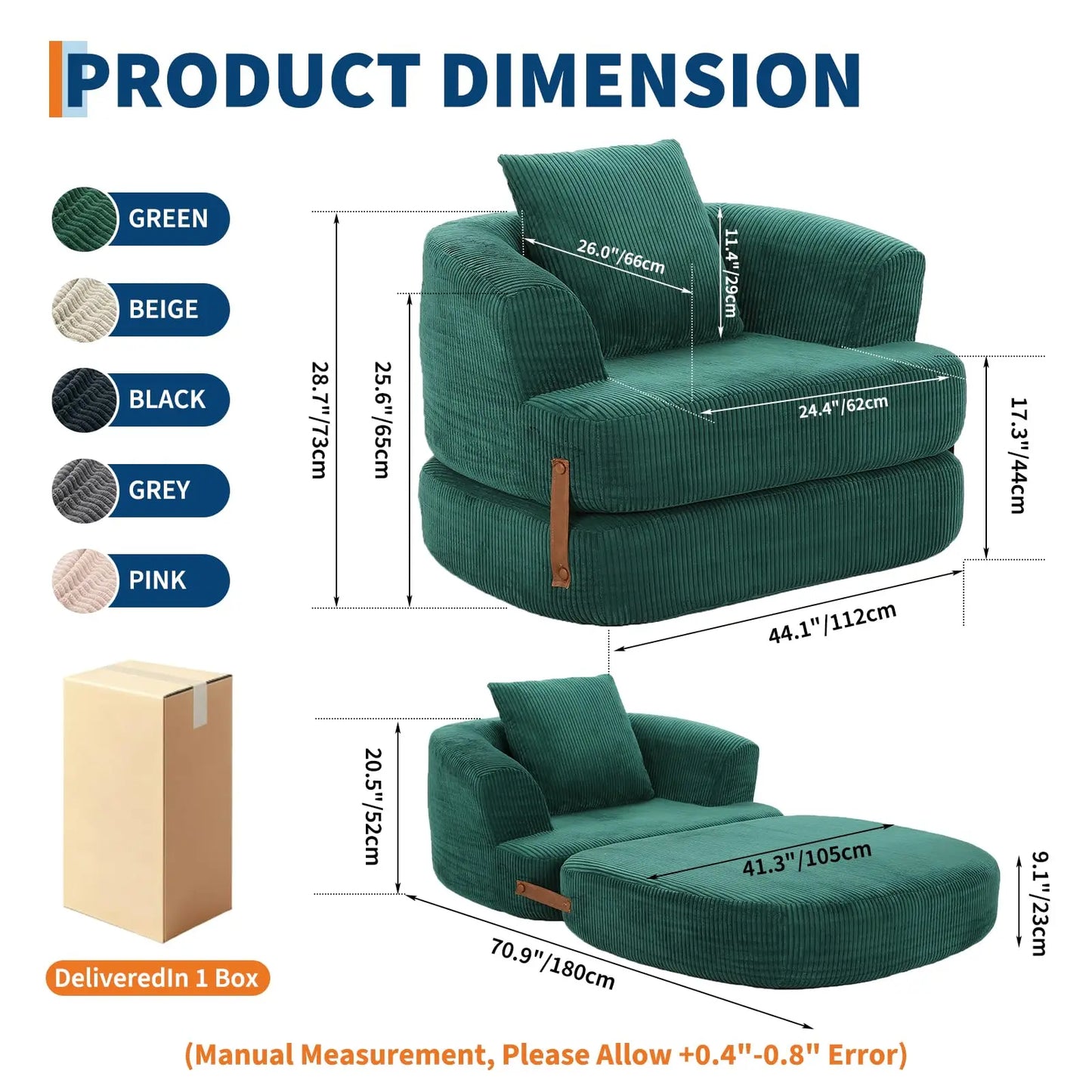 Folding Sofa Bed with Backrest & Handle, 3-in-1 Convertible Bean Bag Chair to Floor Sofa Lounger, Boneless Fold Out Couch Bed with Handle Comfy Fold Out Couch for Bedroom and Living Room