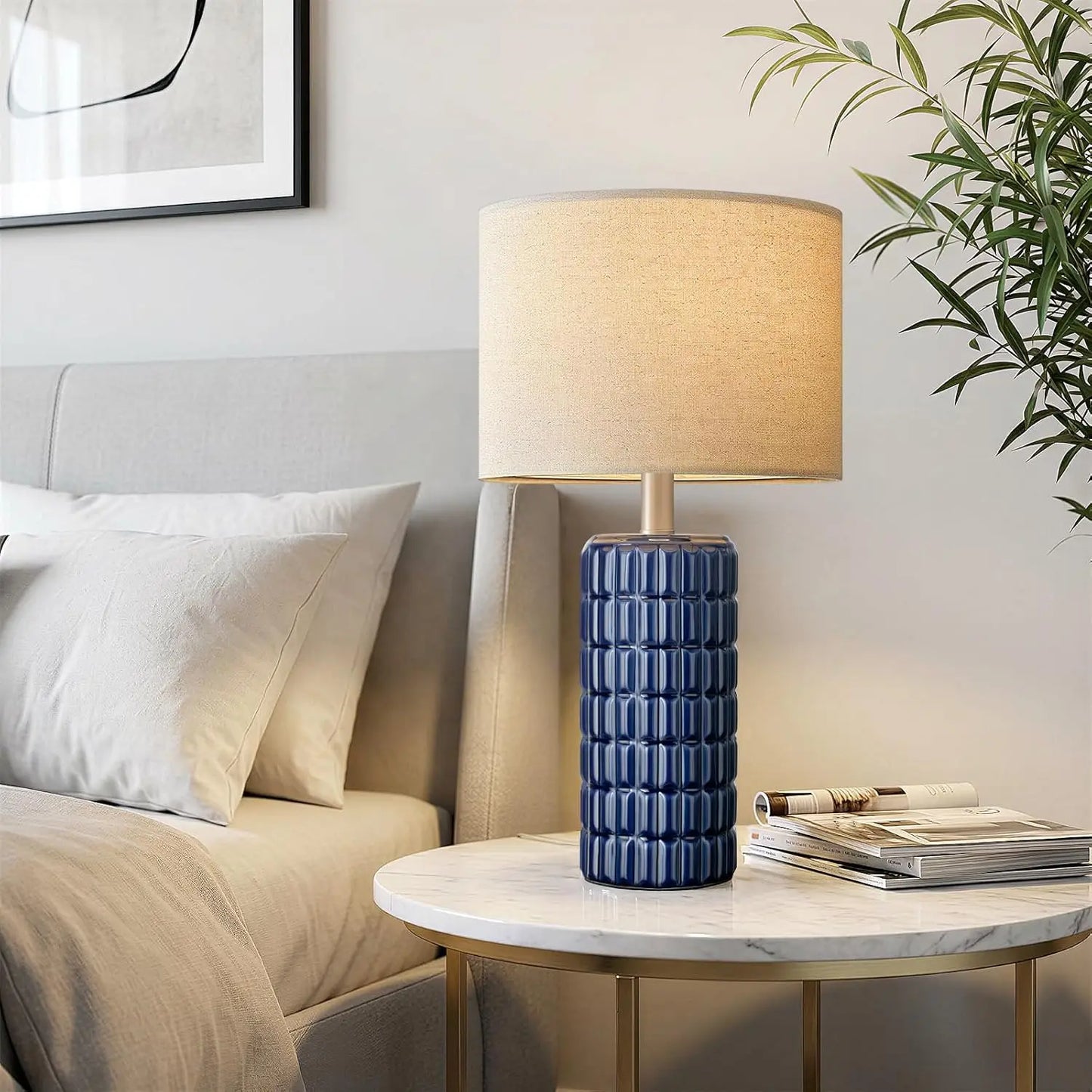 23" Modern Ceramic Table Lamps Set of 2 - Farmhouse Bedside Nightstand Lamps for Living Room with Linen Shade, White Boho Desk