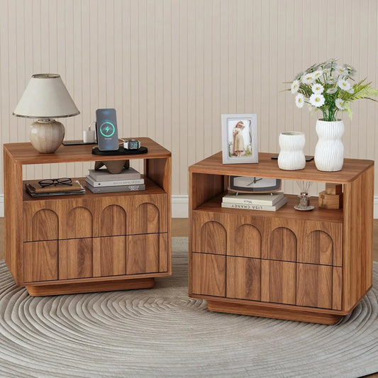 Mid Century Wood End Table Charging Station Arch Panel Curved Edge Living Room Bedroom Nightstand Set Of 2, Customized