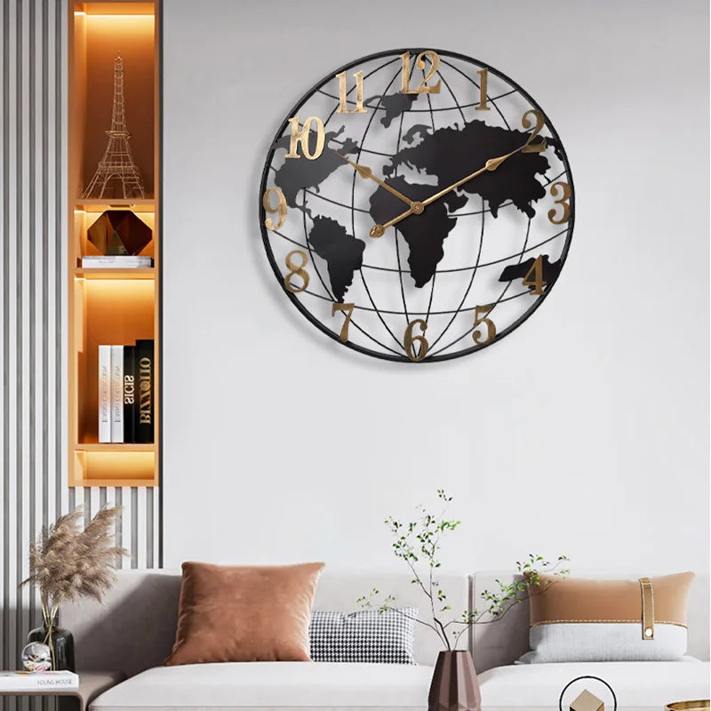 60/75/90cm Large Map Wall Clock Metal Minimalist Clock Round Silent Non-Ticking Battery Operated Wall Clocks for Living Room