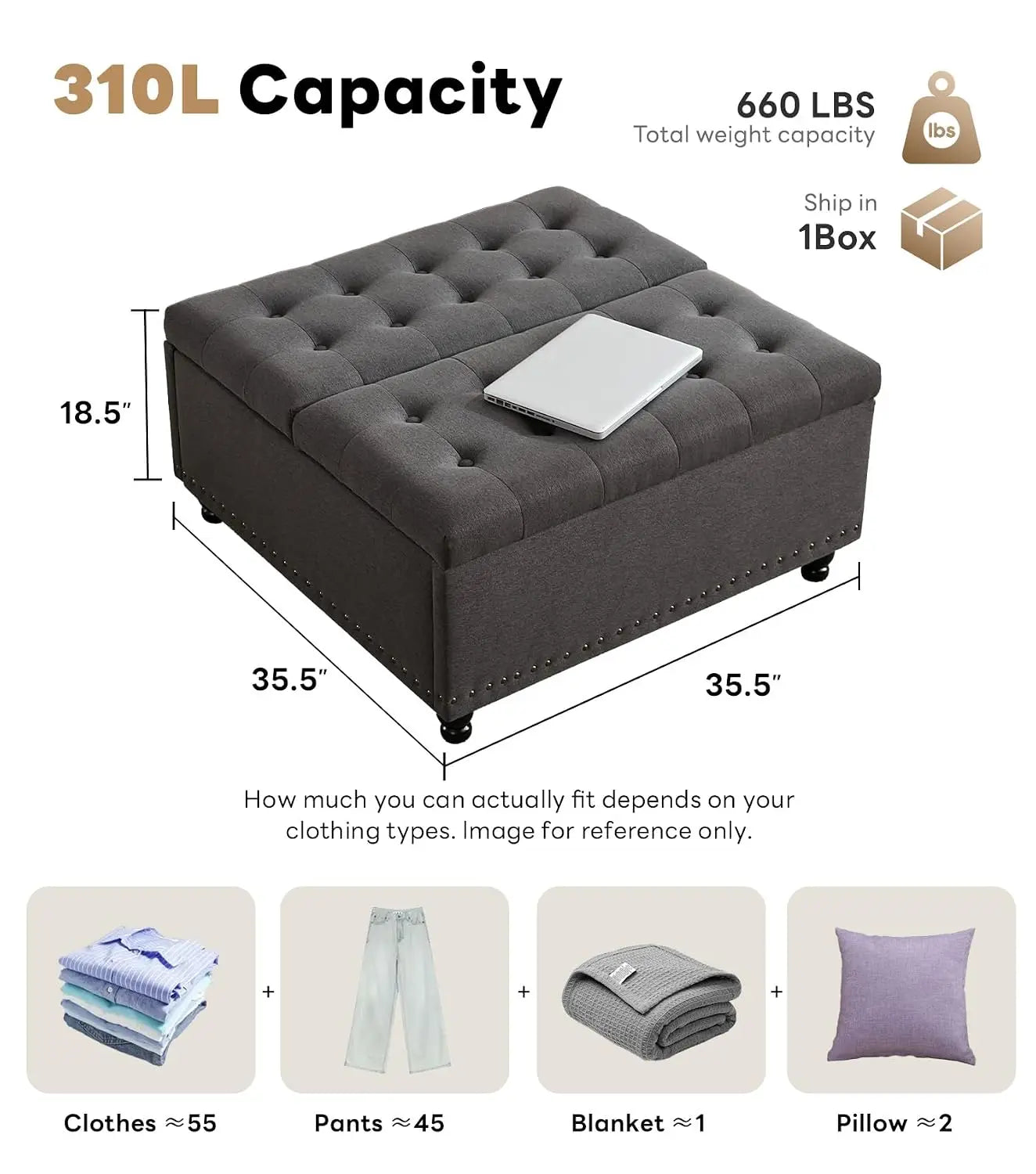 Large Square Storage Ottoman Tufted Upholstered Coffee Table Lift Top Wooden Legs Oversized Toy Box Living Room, Customized