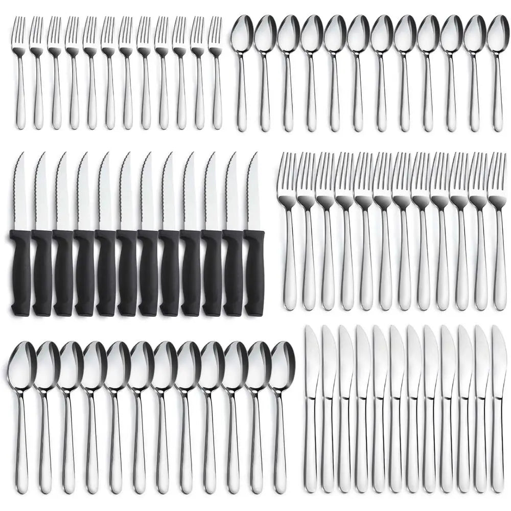 72-Pieces Silverware Set with Steak Knives, Stainless Steel Cutlery Set, Includes Forks, Spoons, and Knives, Dishwasher Safe
