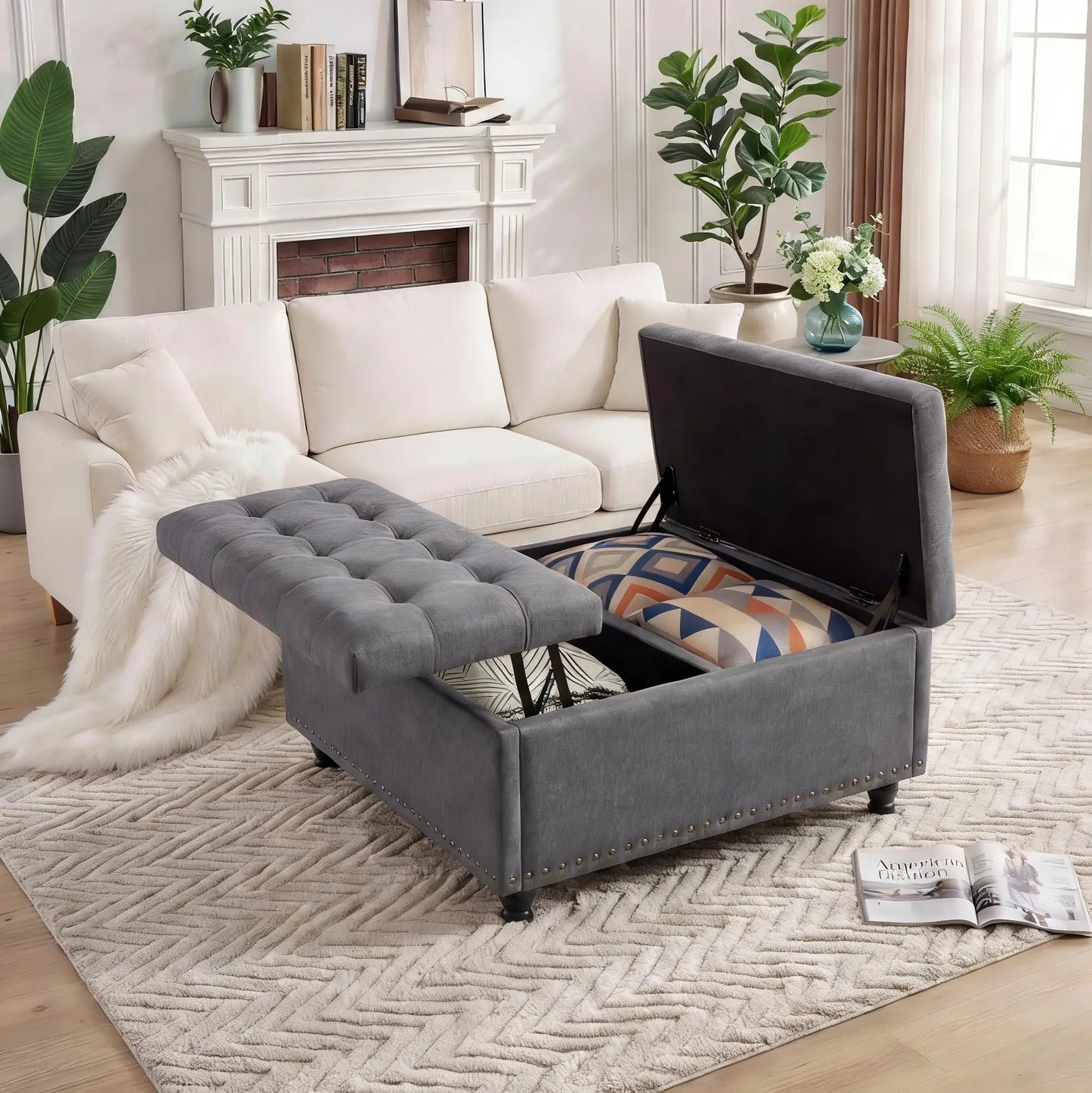 36 Inch Square Lift Top Storage Ottoman, Upholstered Ottoman Bench with 169L Large Hidden Storage Space, Tufted Padded Seat with Wood Legs, Multi-Functional Footrest Coffee Table or Extra Seating, 300LBS Capacity