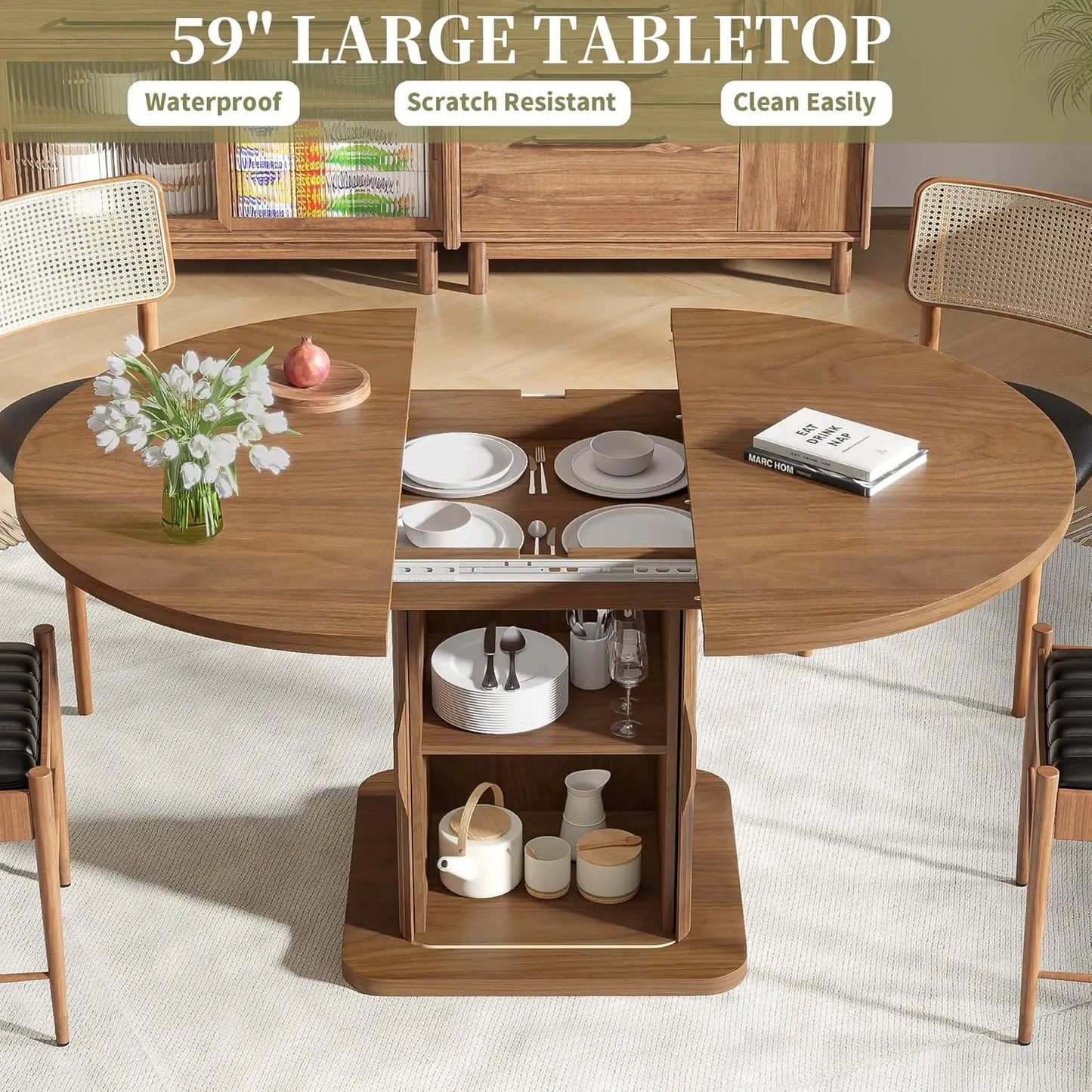 59 Inch Extendable Round Dining Table for 4-6-8 Dining Room Kitchen Table with Storage Fluted Wood Slide Door Customized