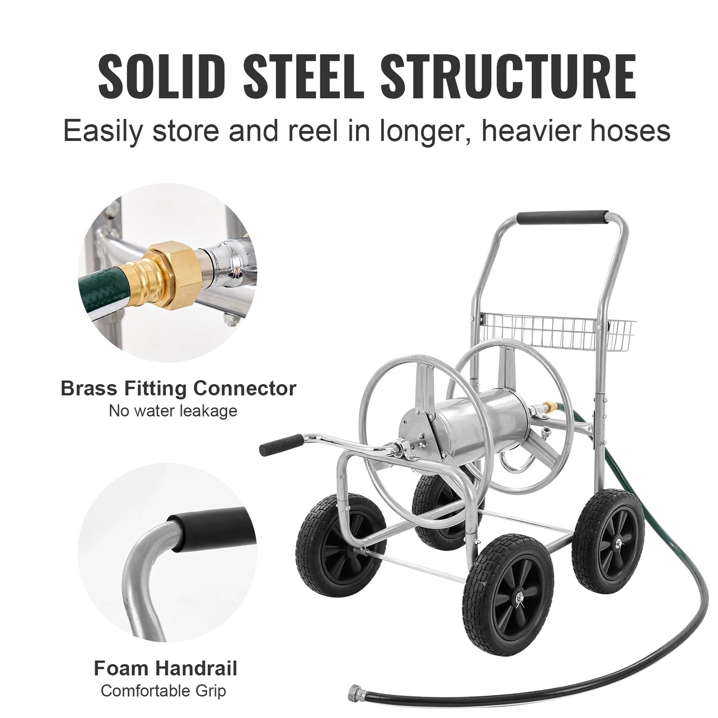 Hose Reel Cart 250ft Heavy Duty Garden Water Yard Planting w/ Basket Effortless Roll-up  Versatile Application Steel