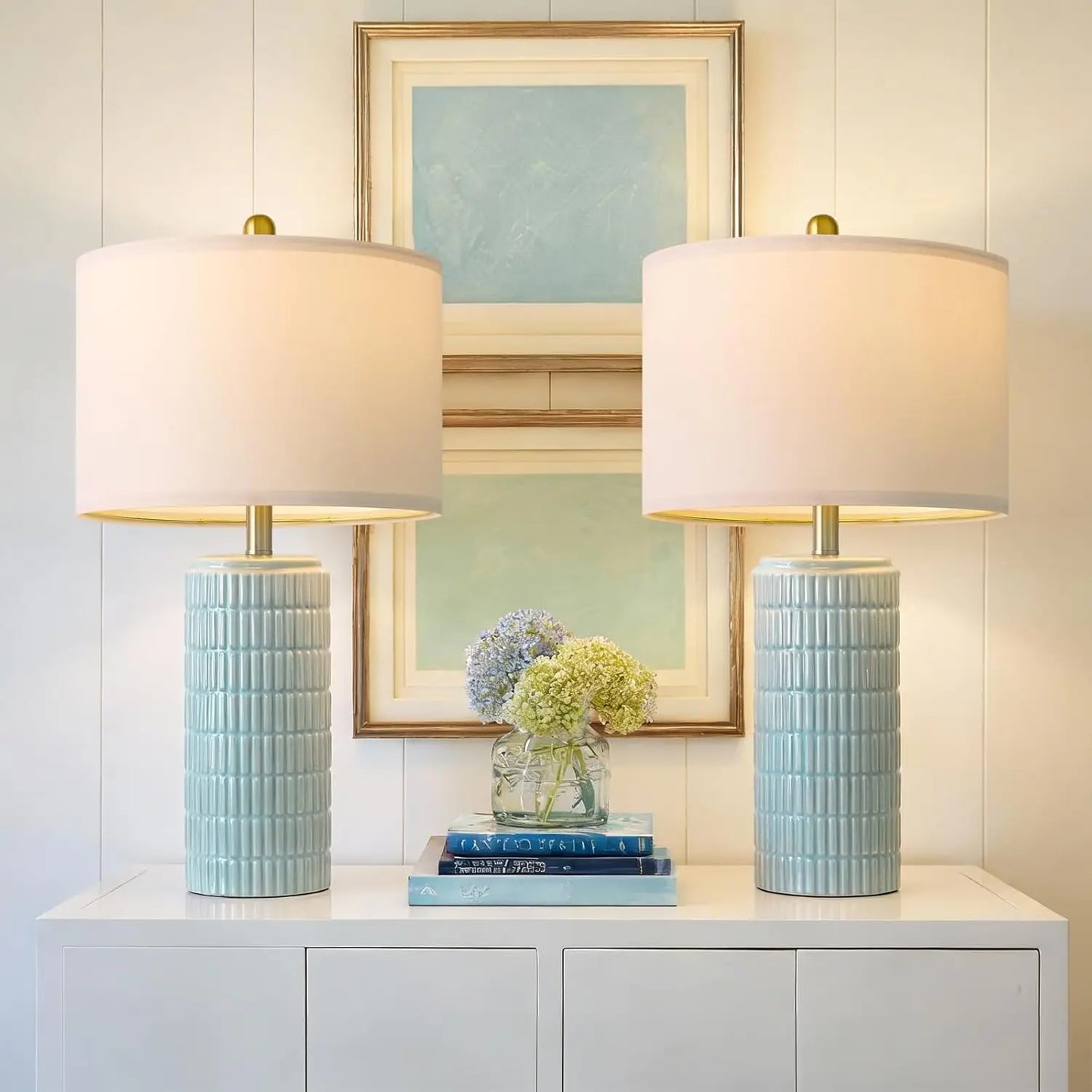 PoKat 23" Light Blue Table Lamps Set of 2, Modern Bedside Lamps for Bedroom, Coastal Ceramic End Table Lamps for Living Room, Oc