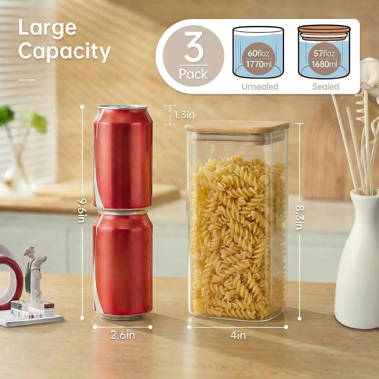 3 Pack Square Glass Jars with Bamboo Lids for Kitchen Pantry Storage Cereal Pasta Rice
