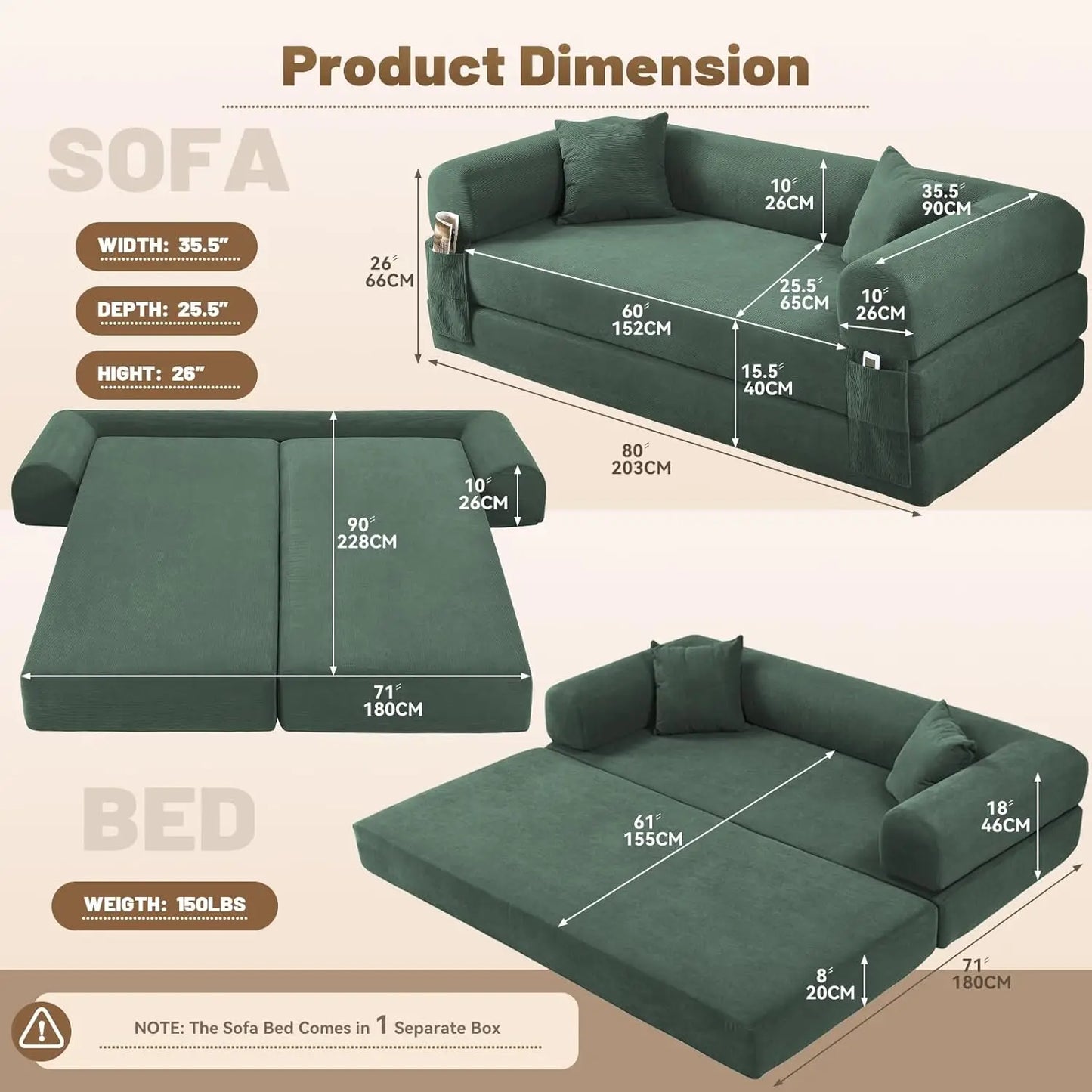 Convertible Futon Sofa Bed,80" Folding Pull Out Couch Bed with Storage,Queen Sleeper Sofa Bed,Compressed Couch, Customized