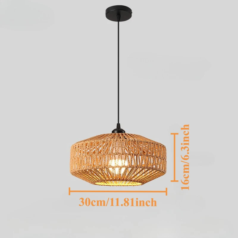 Natural Rattan Chandelier Small Paper Rope Pendant Light E26/E27 Ceiling Lamp Dining Living Room Bedroom Kitchen Island