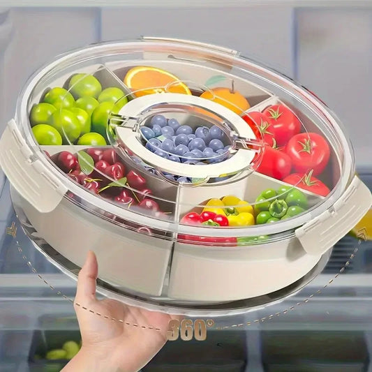 Rotating Divided Serving Tray With Lid Handle Clear Snack Container For Fruit Veggie Charcuterie Desktop Party Storage Holder