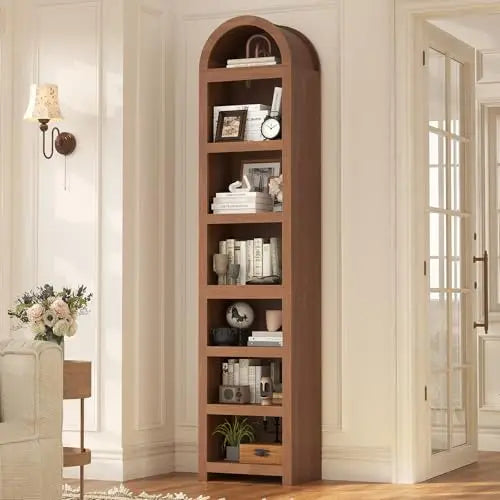 81" Tall Arched Cabinets,Bookcase with storage,Mid-Century Modern 6-Tier Bookshelf with Door,2 Book Risers and