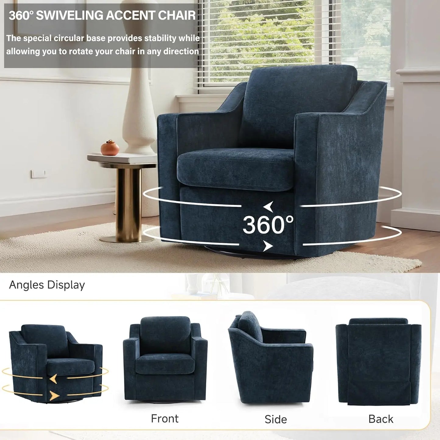 Swivel Chenille Accent Chair Set of 2, Modern Armrest Comfy Single Sofa for Living Room, Custom