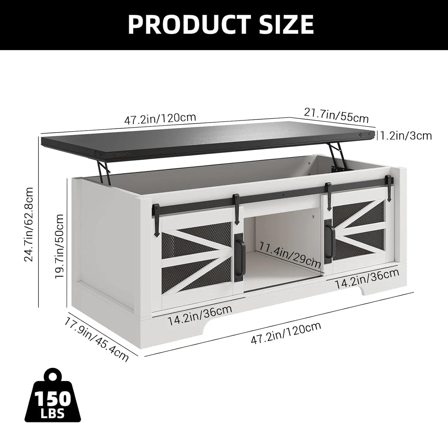 Lift Top Coffee Table with Sliding Barn Doors Large Storage Compartment Rectangle Entryway Desktop for Living Room Home Office