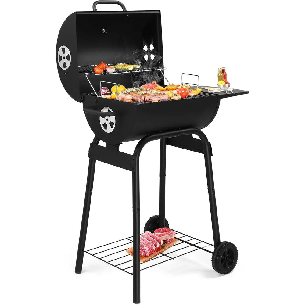 Barrel Charcoal Grill with Side Table, BBQ Grill Outdoor Smoker Grill with Wheels for Party Garden Patio and Backyard Cooking 33