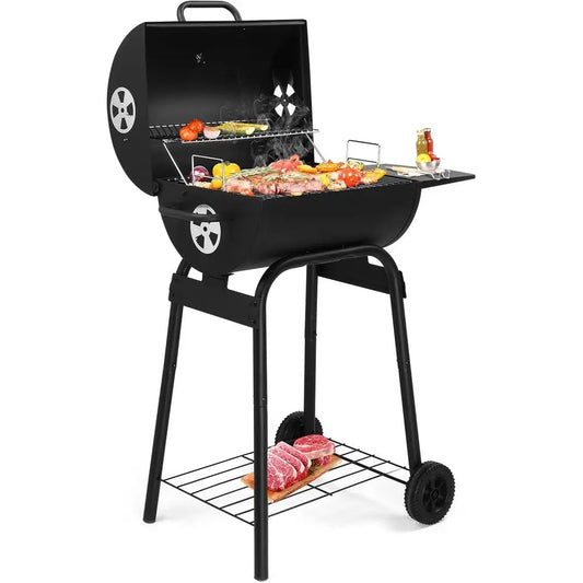 Barrel Charcoal Grill with Side Table, BBQ Grill Outdoor Smoker Grill with Wheels for Party Garden Patio and Backyard Cooking 33