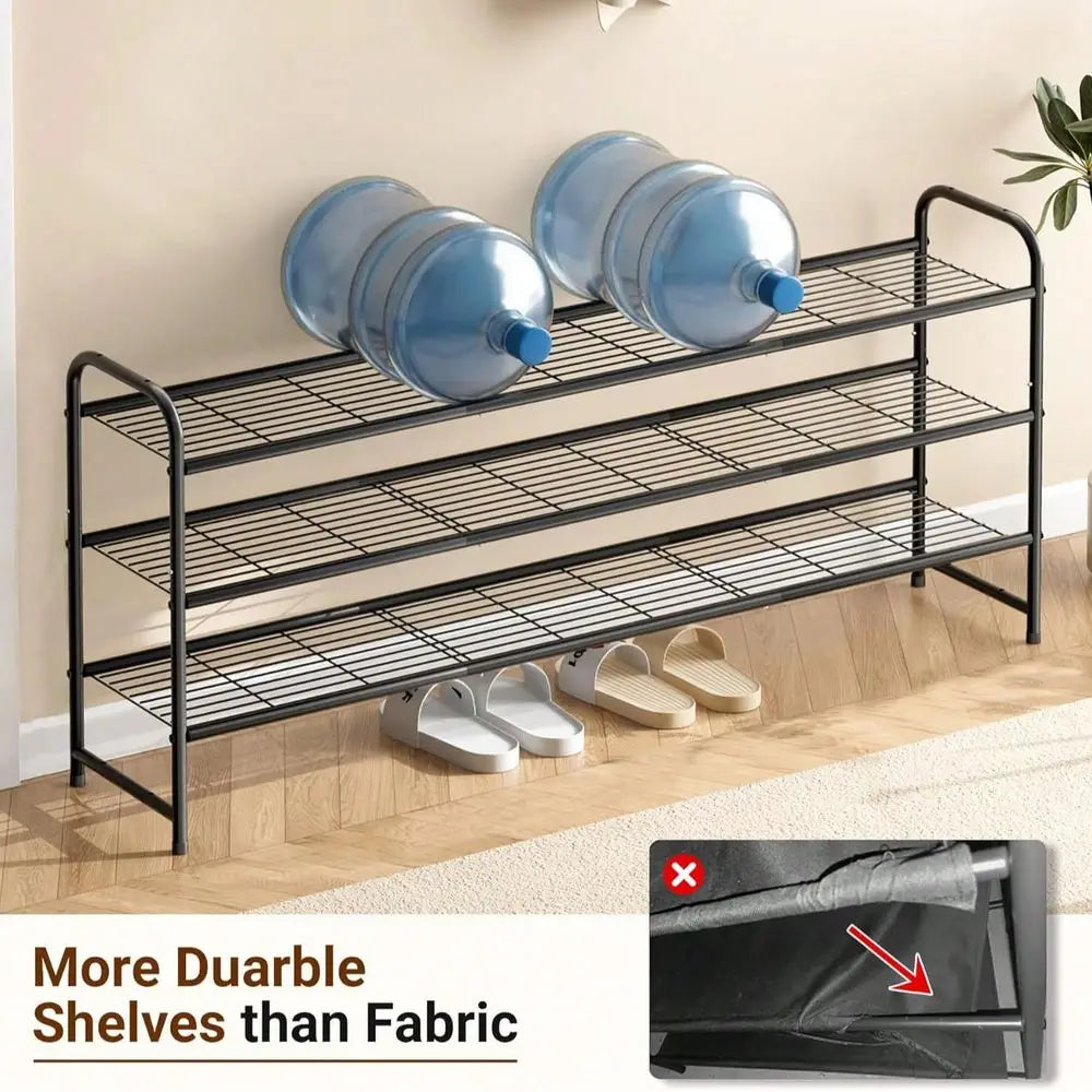3-Tier Long Shoe Rack For Closet Entryway, Wide Metal Shoe Organizer, Stackable Storage Shelf With Sturdy Wire Grid For Bedroom