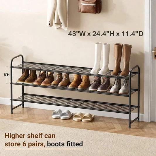 3-Tier Long Shoe Rack For Closet Entryway, Wide Metal Shoe Organizer, Stackable Storage Shelf With Sturdy Wire Grid For Bedroom