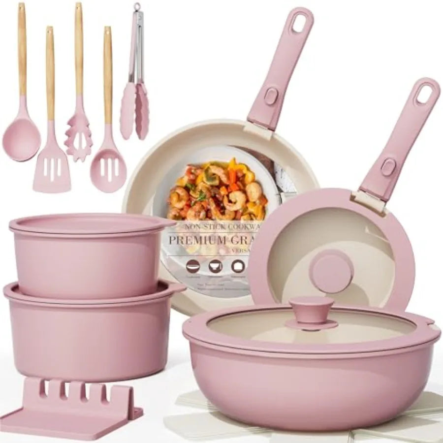Pots and Pans Set Non Stick, Ceramic Cookware Set Detachable Handle, RV Kitchen Cooking Set Removable Handles, Oven Safe, Induc