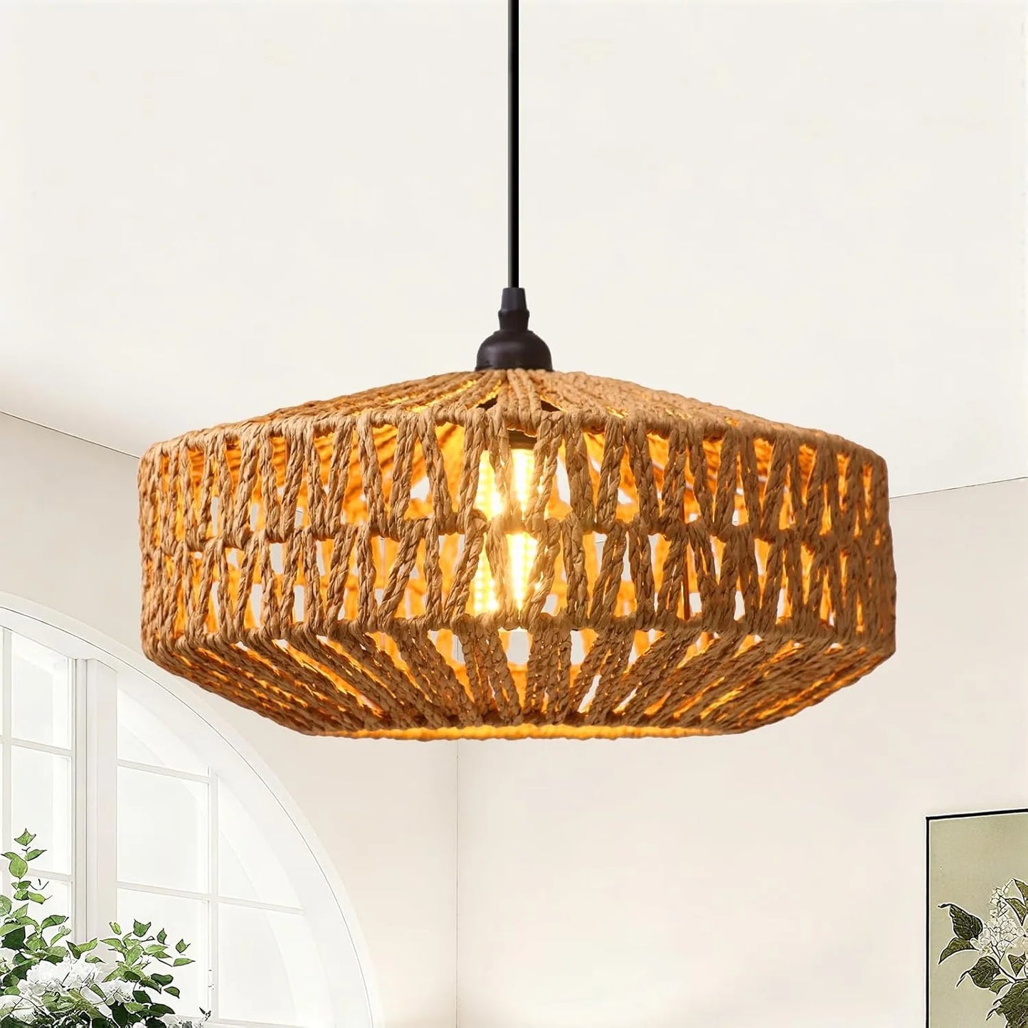 Natural Rattan Chandelier Small Paper Rope Pendant Light E26/E27 Ceiling Lamp Dining Living Room Bedroom Kitchen Island