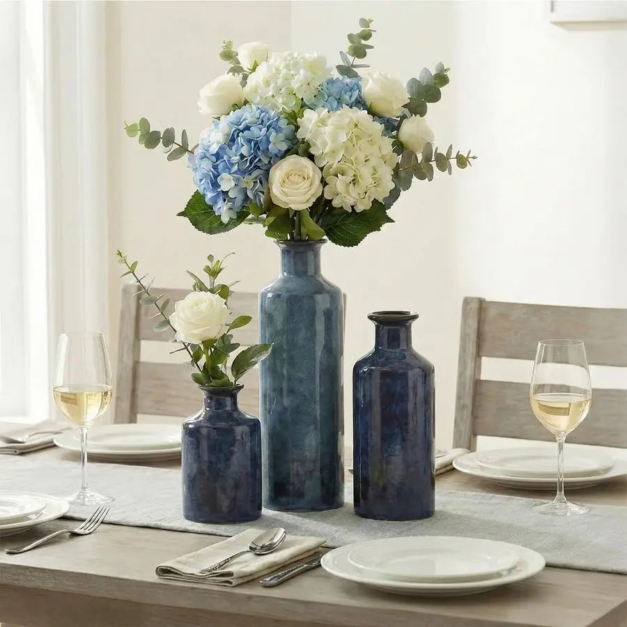 Ceramic Vase Set 3 Blue Small Vases, Farmhouse Country Flower Vase Home Decor, Living Room Decoration, Table Decoration, Firepla