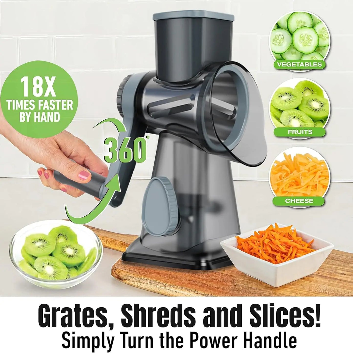 3-in-1 Hand Crank Rotary Cheese Grater with Interchangeable Blades, Non-Slip Base, Multifunctional Vegetable Slicer & Shredder for Kitchen