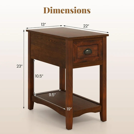 Retro Narrow End Table Set of 2, Solid Wood Nightstand with Drawer & Storage Shelf Bedroom Bedside Table, Custom