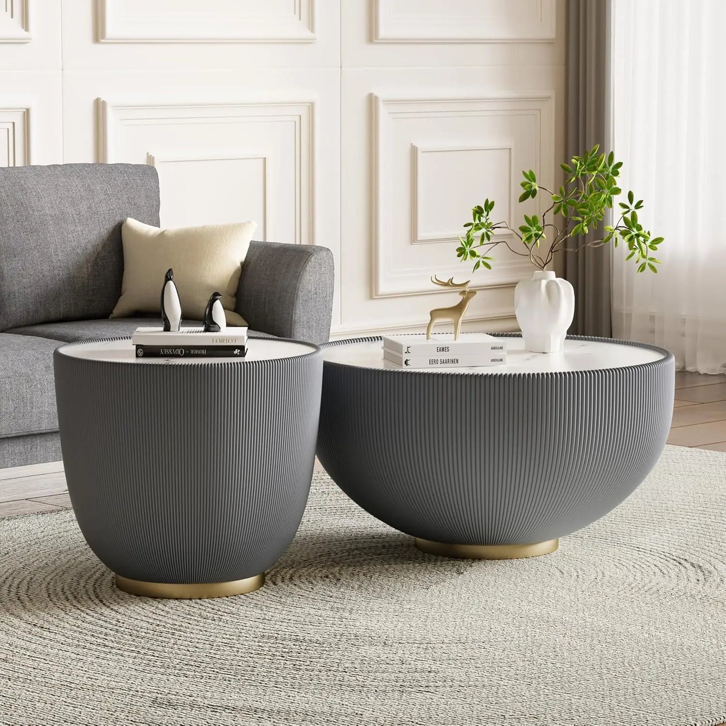 Round Grey 2-Piece Coffee Table Set 29.5in & 17.7in Sintered Stone Top Fluted PU Leather Base Living Room, Customized