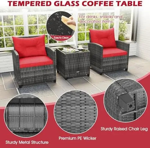 Patio Furniture, 3 Pieces Outdoor Wicker Conversation Set Chairs with Soft Cushions and Glass Coffee Table, Rattan