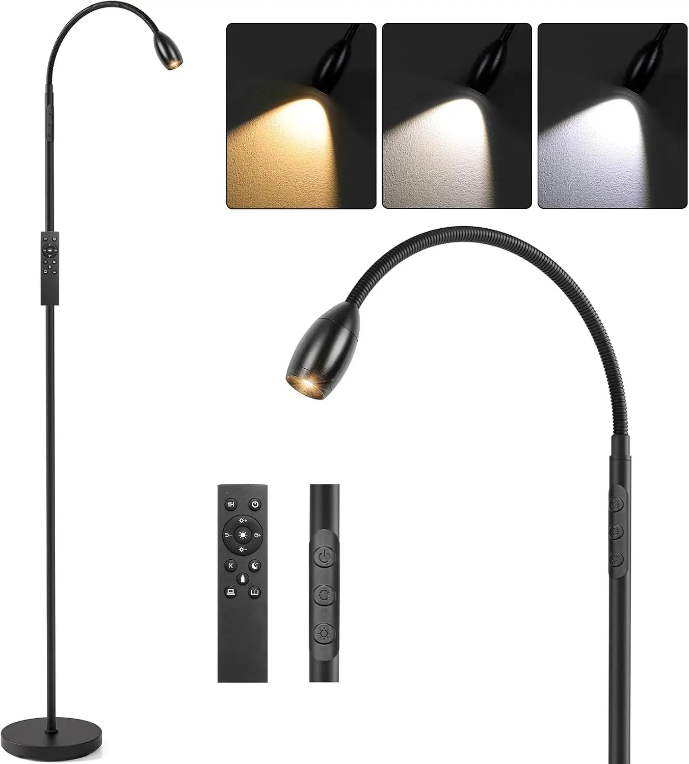 72" LED Floor Lamp with Flexible Gooseneck, Dimmable & Zoomable, Touch & Remote Control, 2700K-6000K, Matte Black