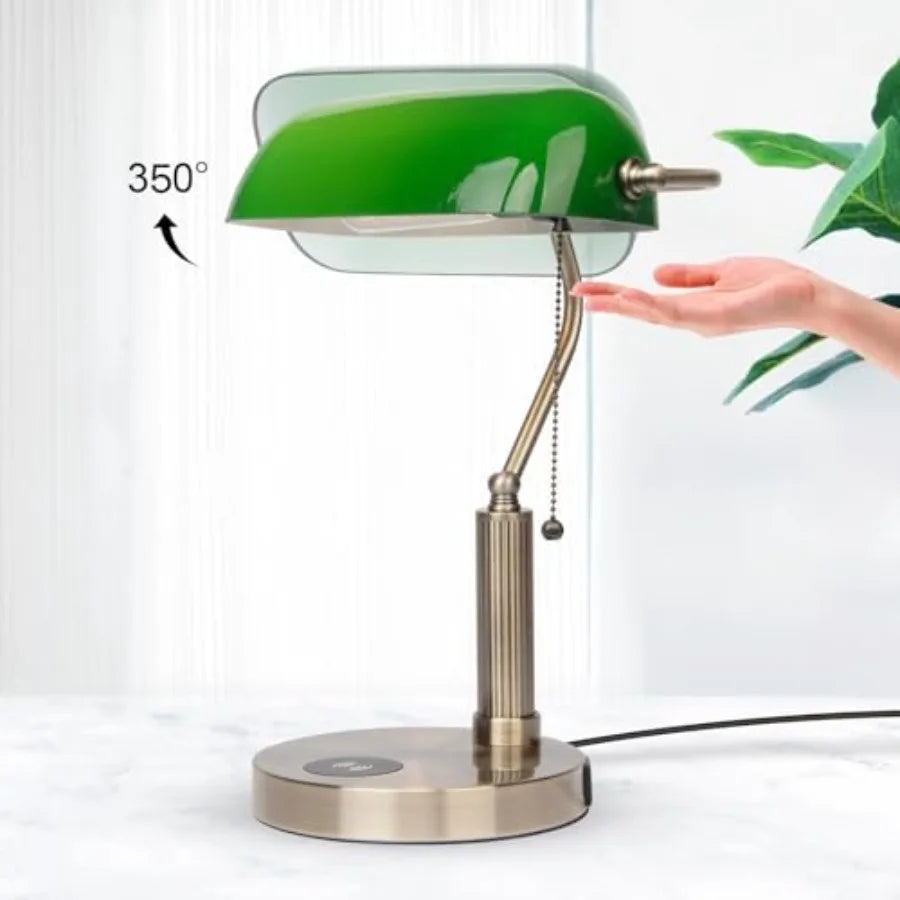 Glass Bankers Desk Lamp with Wireless Charger, 2 USB Charging Port, Vintage Desk Lamp with Pull Chain Switch, Retro Table Lamps
