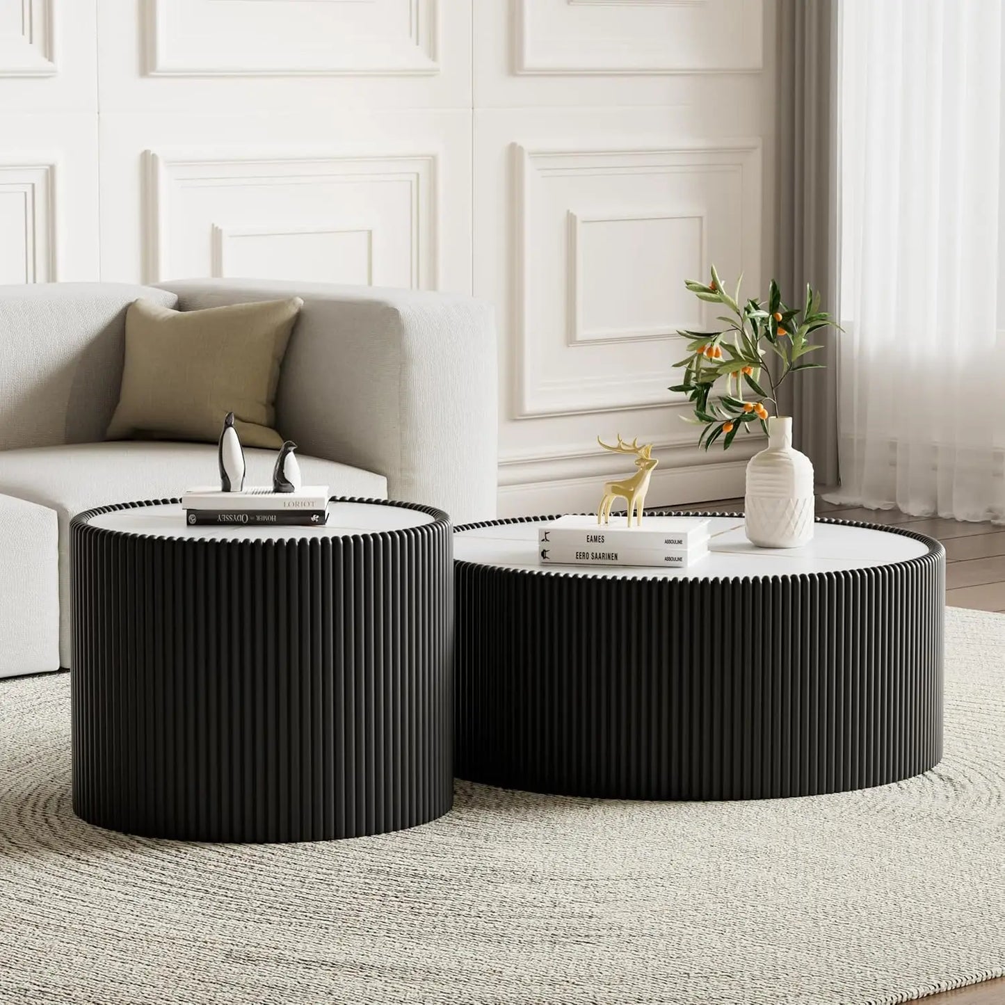 Round Grey 2-Piece Coffee Table Set 29.5in & 17.7in Sintered Stone Top Fluted PU Leather Base Living Room, Customized