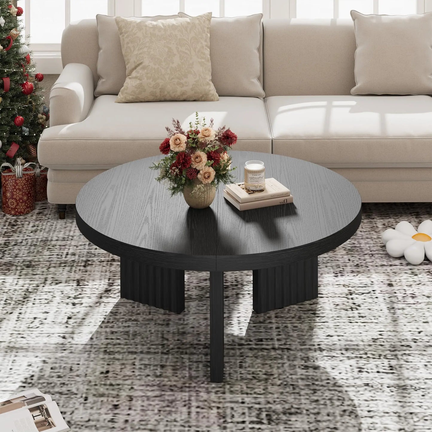 33.5 Inch Round Coffee Table For Living Room, Fluted Leg Circle Center Table With 1.3 Inch Thick Top, Retro Accent Sofa Table For Bedroom