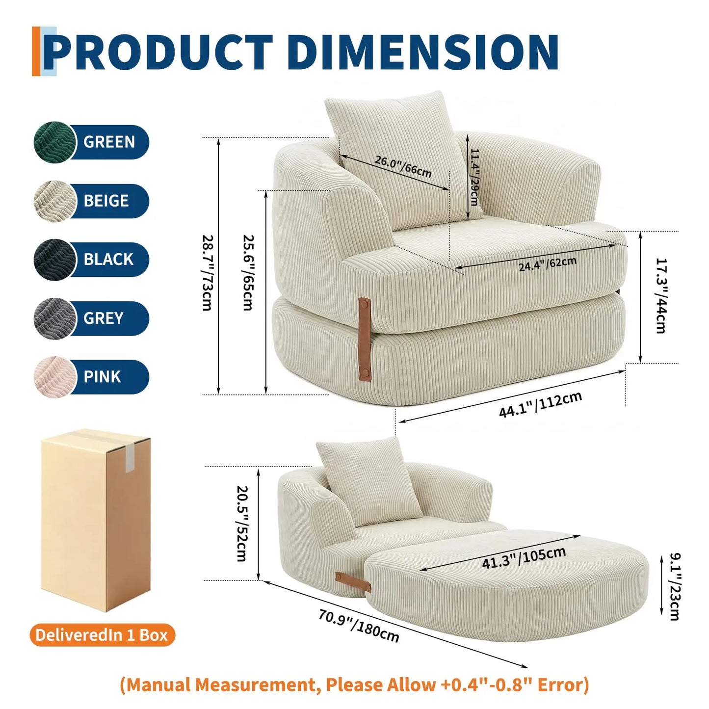 Folding Sofa Bed with Backrest & Handle, 3-in-1 Convertible Bean Bag Chair to Floor Sofa Lounger, Boneless Fold Out Couch Bed with Handle Comfy Fold Out Couch for Bedroom and Living Room