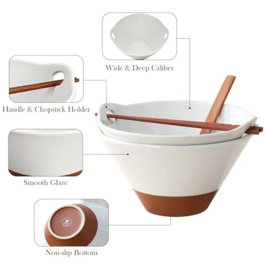 42 oz Ceramic Ramen Bowl Set with Wooden Spoon and Chopsticks Japanese Style Soup Bowls for Ramen Pho Noodles Set of 2 Microwav