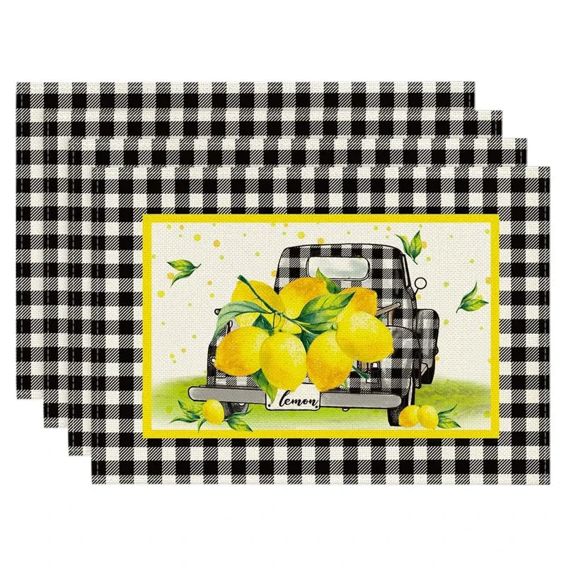 Yellow Checks Vase Lemon Summer Placemats 12 X 18 Inch Seasonal Spring Table Mats for Holiday Party Kitchen Dining Decoration