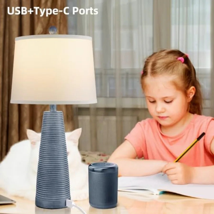 Nightstand Lamp Bedside Lamps Set of 2 Vintage Rustic Farmhouse Table Lamp 3 Way Dimmable Horizontal Stripe Light, Suitable for L