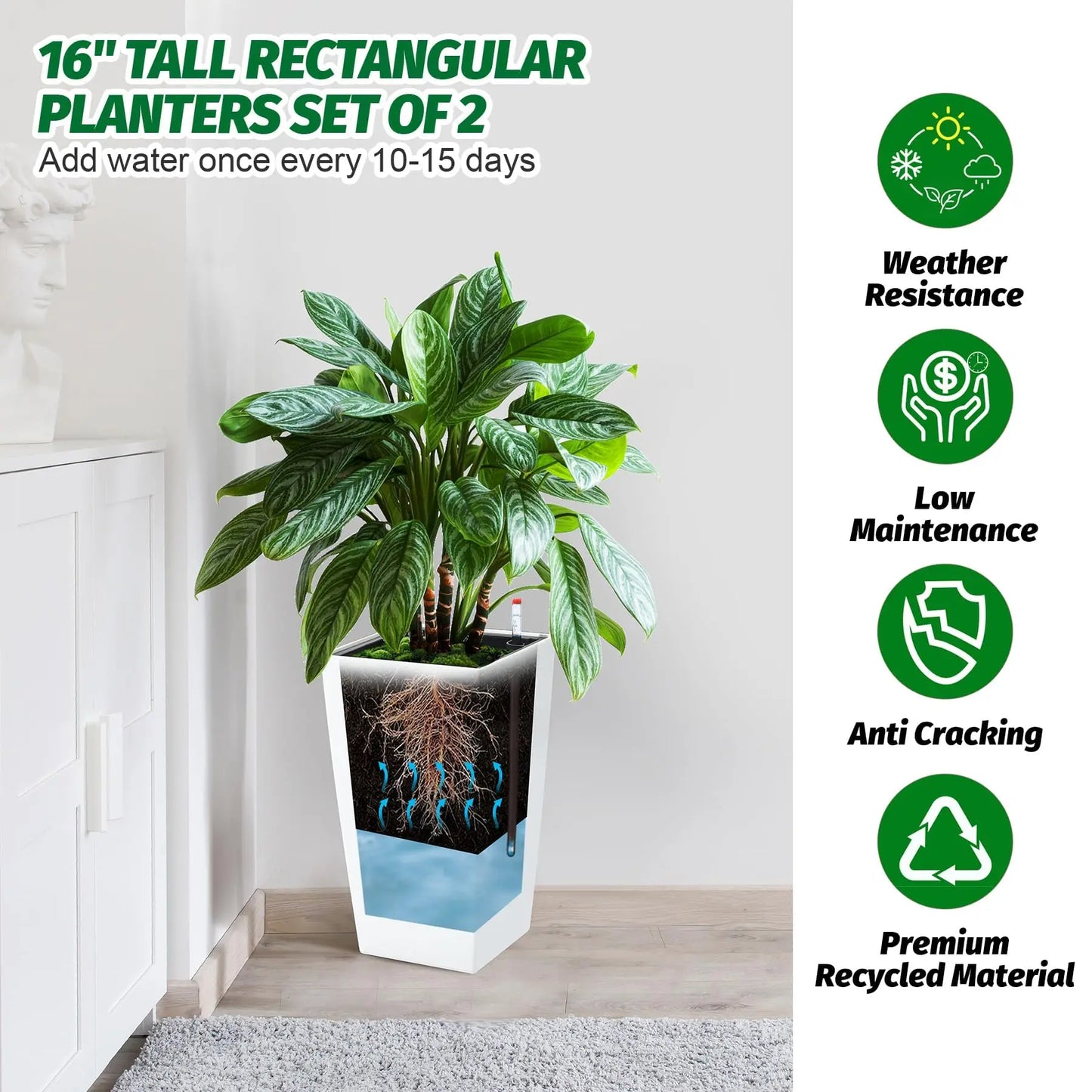 15.7"/22.5" Tall Planters Set Of 2, Self Watering Indoor Outdoor Front Porch Planter Pots With Drainage & Monitor Bucket