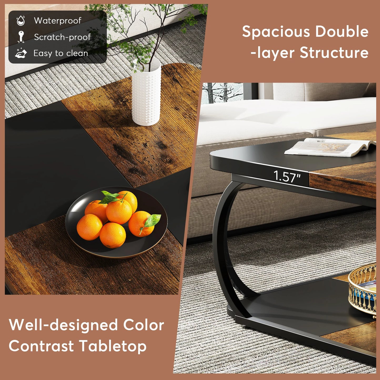 Square Coffee Table with 2 Tiers, 40 inches Low Farmhouse Coffee Table with Wood Storage Shelf Heavy Duty Metal Curve