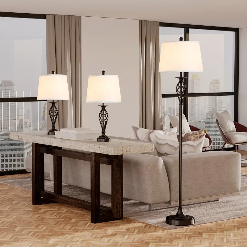 HOMCOM 3 Piece Table Floor Lamp Set with Metal Pole, Round Base, and Fabric Lampshade, for Living Room, Black/White