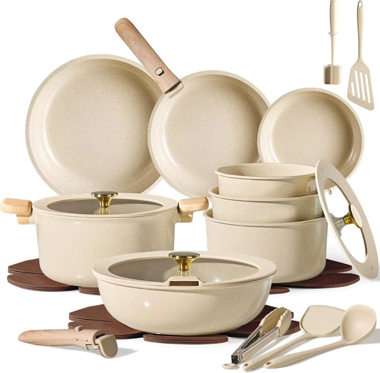 25PCS Ceramic Cookware Set, Pots and Pans set Non Stick, RV Kitchen Cooking Set Removable Handles, Oven Safe, Induction Cookware