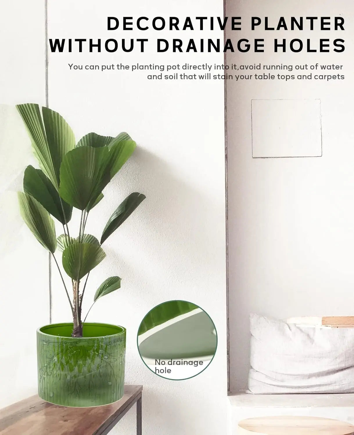 10 Inch Ceramic Plant Pot with Wood Stand, Modern Round Flower Planter Indoor Outdoor, Dark Green Water Ripple Pattern