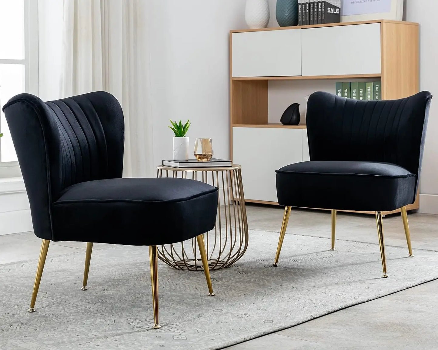 Velvet Accent Chairs Set of 2 Armless Slipper Chair with Golden Legs Mid Century Side Single Sofa for Living Room Bedroom Pink