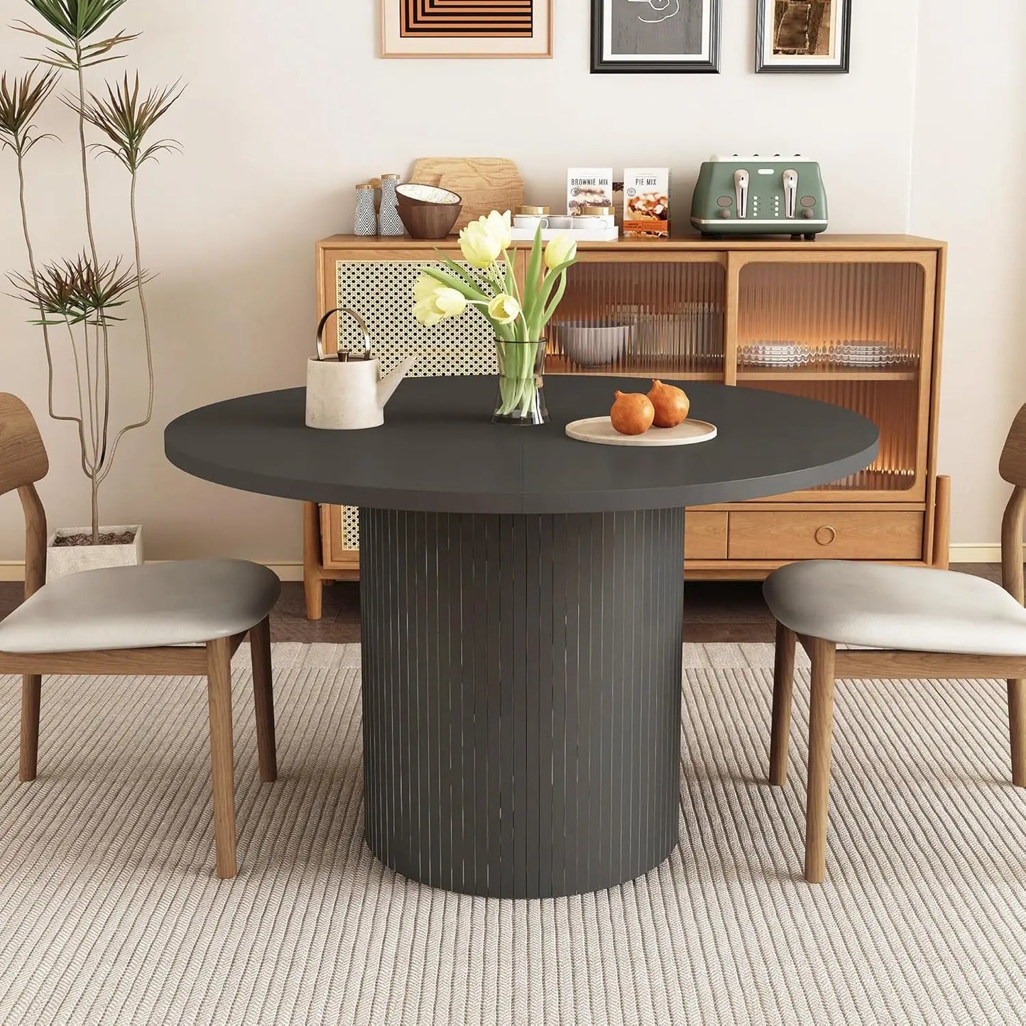 43"-59" Extendable Round to Oval Dining Table with Hidden Storage, Modern Wooden Kitchen Table with Fluted Sliding Door, Custom