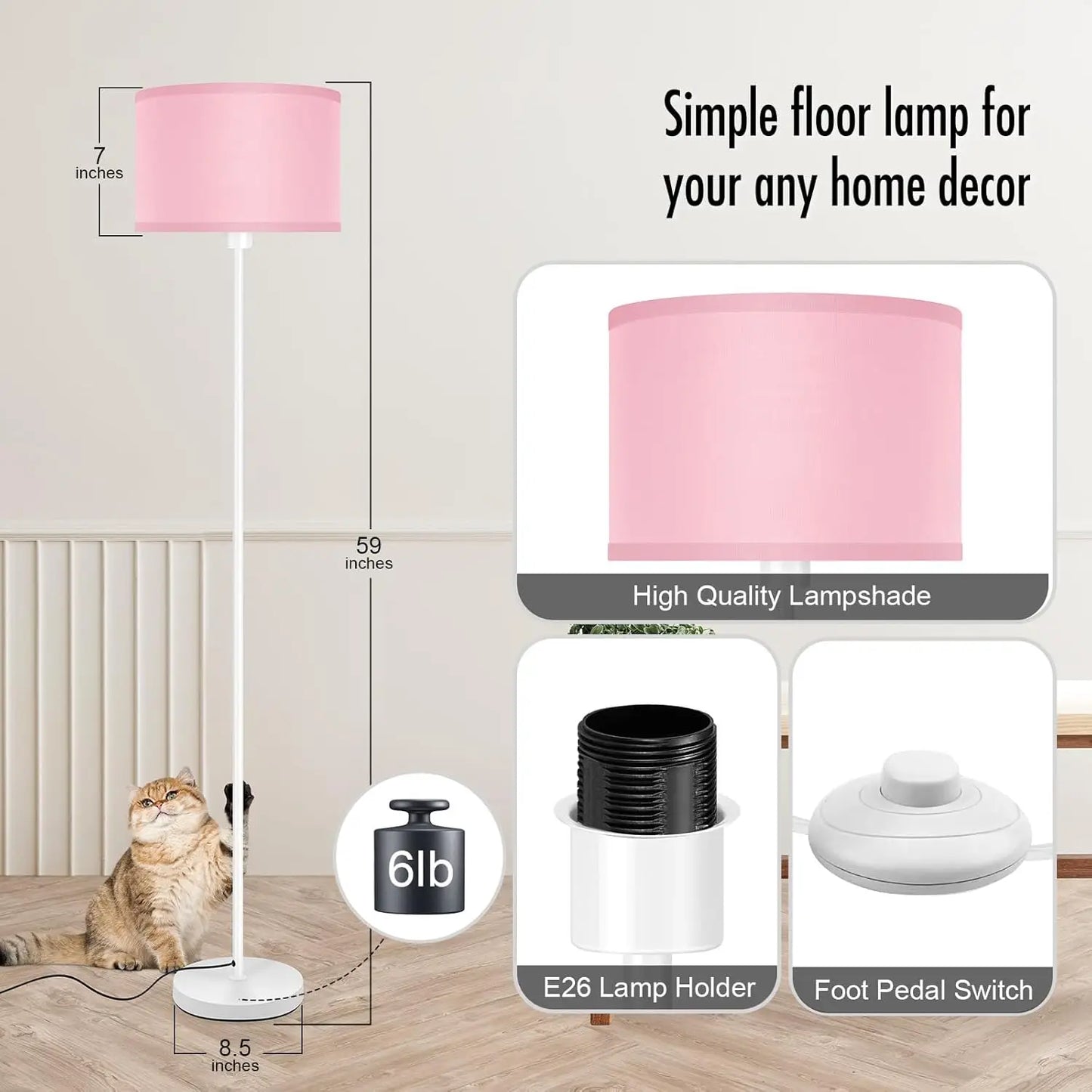 59" Pink Floor Lamp with Foot Switch,  Standing Light for Bedroom, Living Room, Kids Room