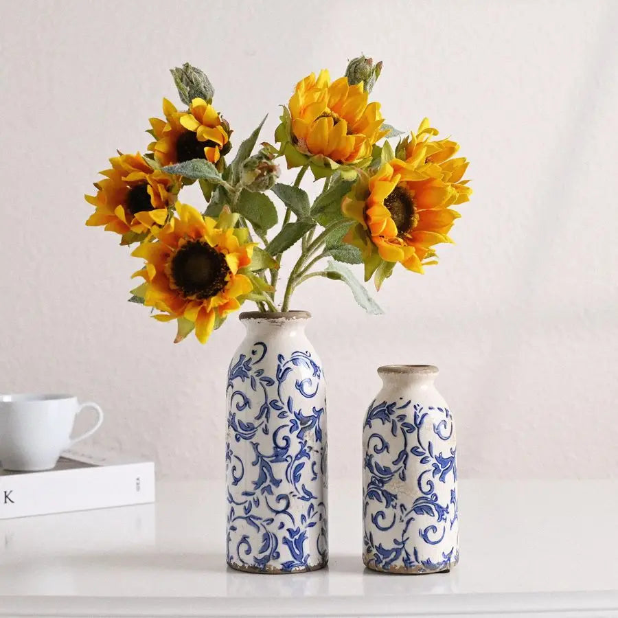 Blue and White Ceramic Vases Home Decor, Farmhouse Vase for Flowers, Flower Vase Set of 2, Rustic Decorative Vases for Pampas Gr